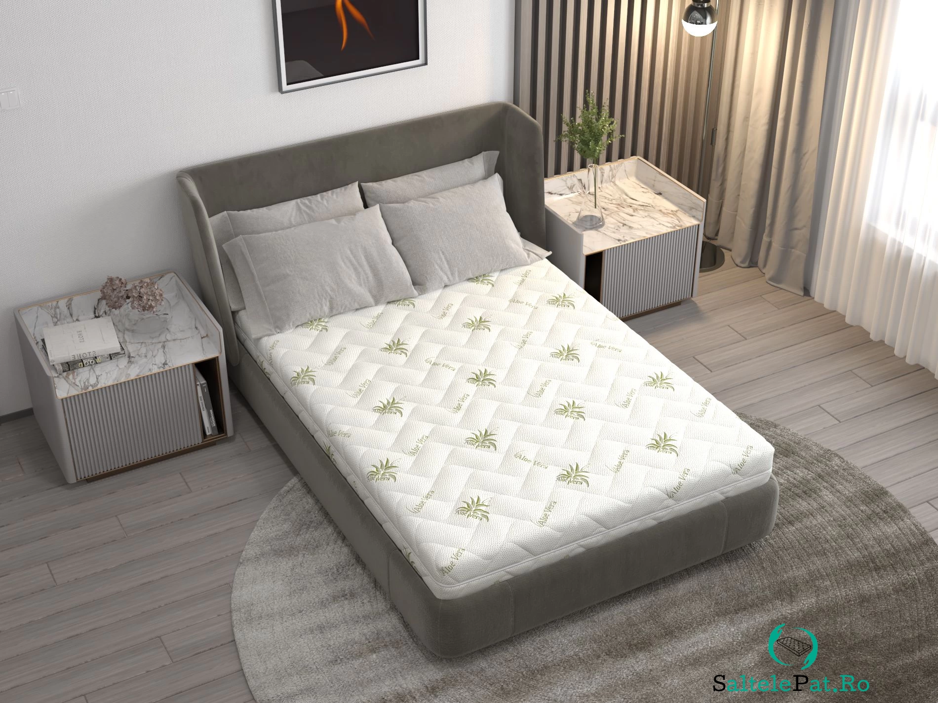 Saltea cu spumă poliuretanică SomnART FermiMax Aloe Vera 200x200, înălțime 15 cm, anatomică, husa lavabilă și detașabilă cu fermoar, rulată, fermitate ridicată
