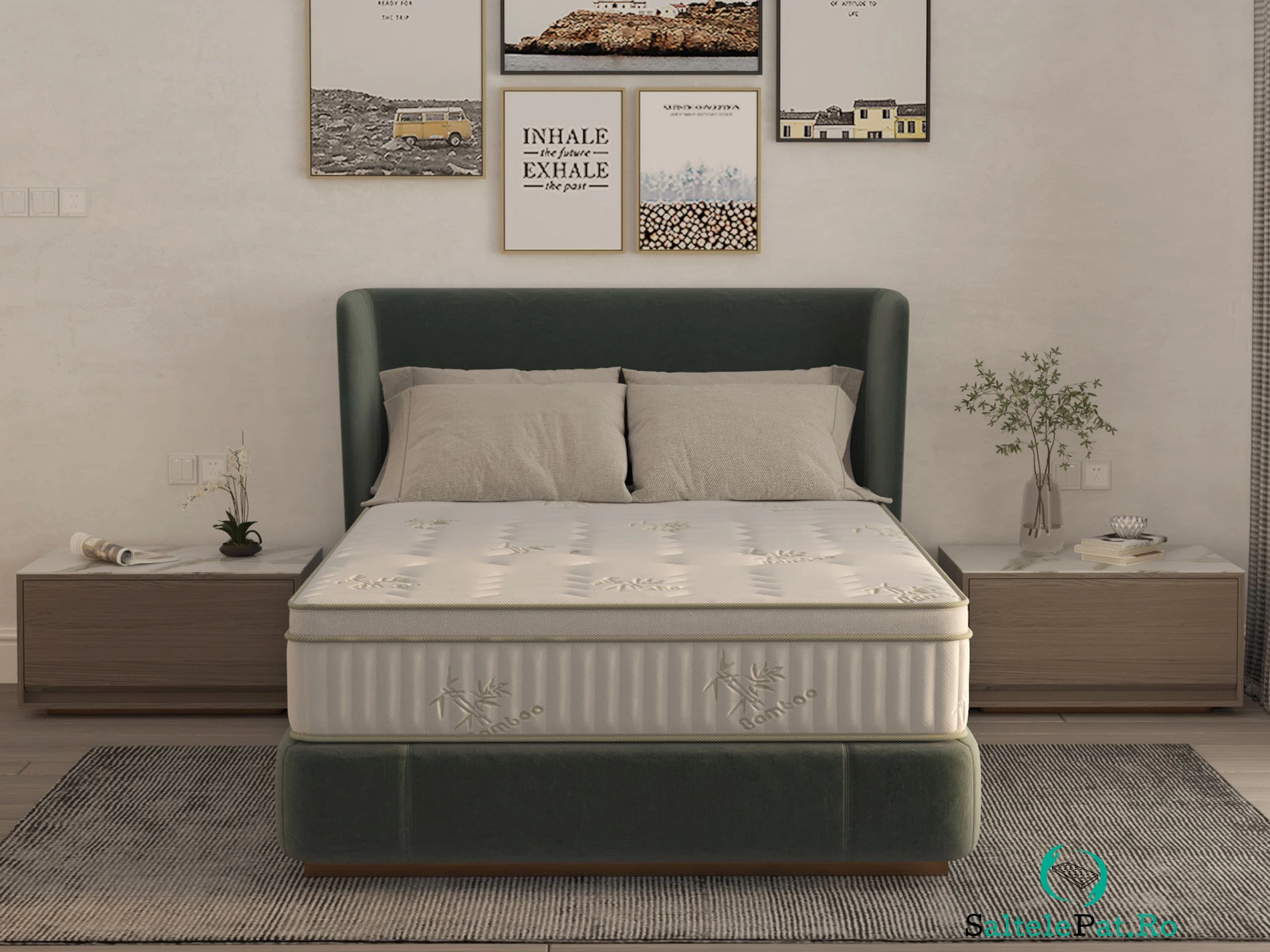 Saltea cu memorie si arcuri Bambus Super Confort Pocket Multilayer 160x200, inaltime 25 cm, husa matlasata, sistem 3D, manere, fermitate medie